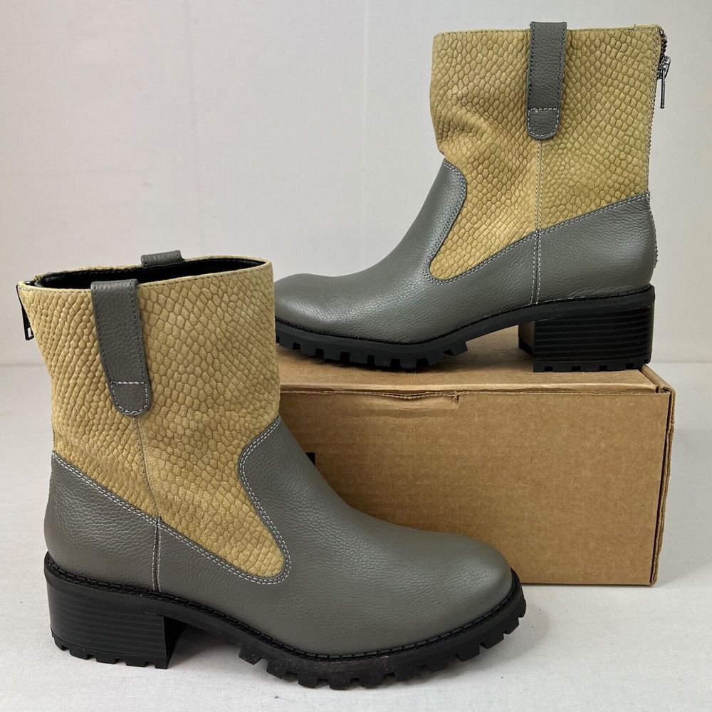 Logo Lori Goldstein Womens Leather Boot Shoes Brandi Grey Tan Sz 8M NEW
